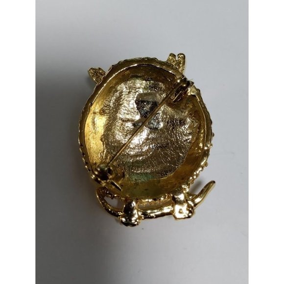 Adorable Owl Gold Tone Safety Pin Brooch With Rhinestone Black Onyx - Picture 6 of 7